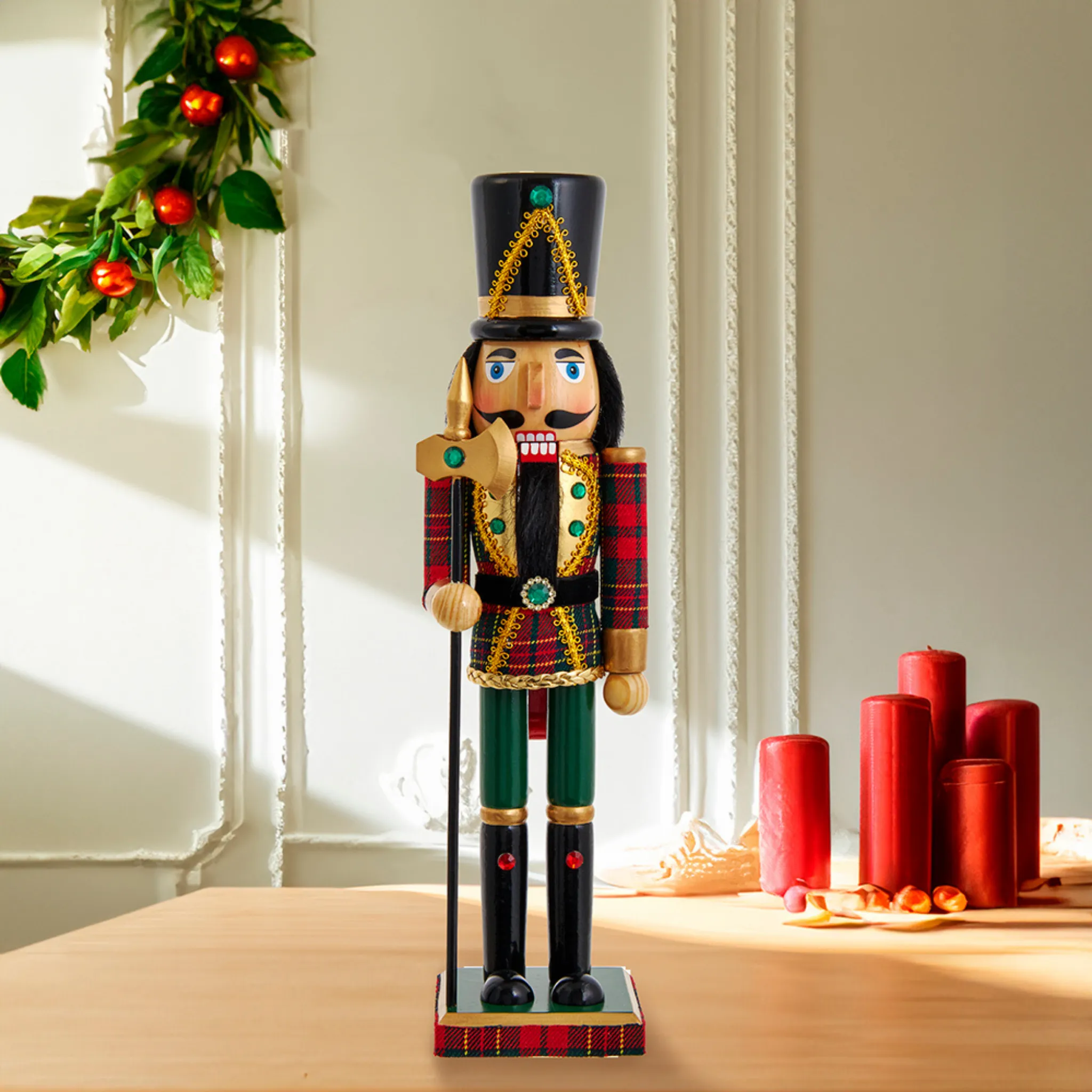 15" Green and Red Plaid Soldier Nutcracker
