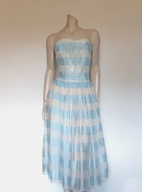 1950s Blue and White Strapless Dress - XS