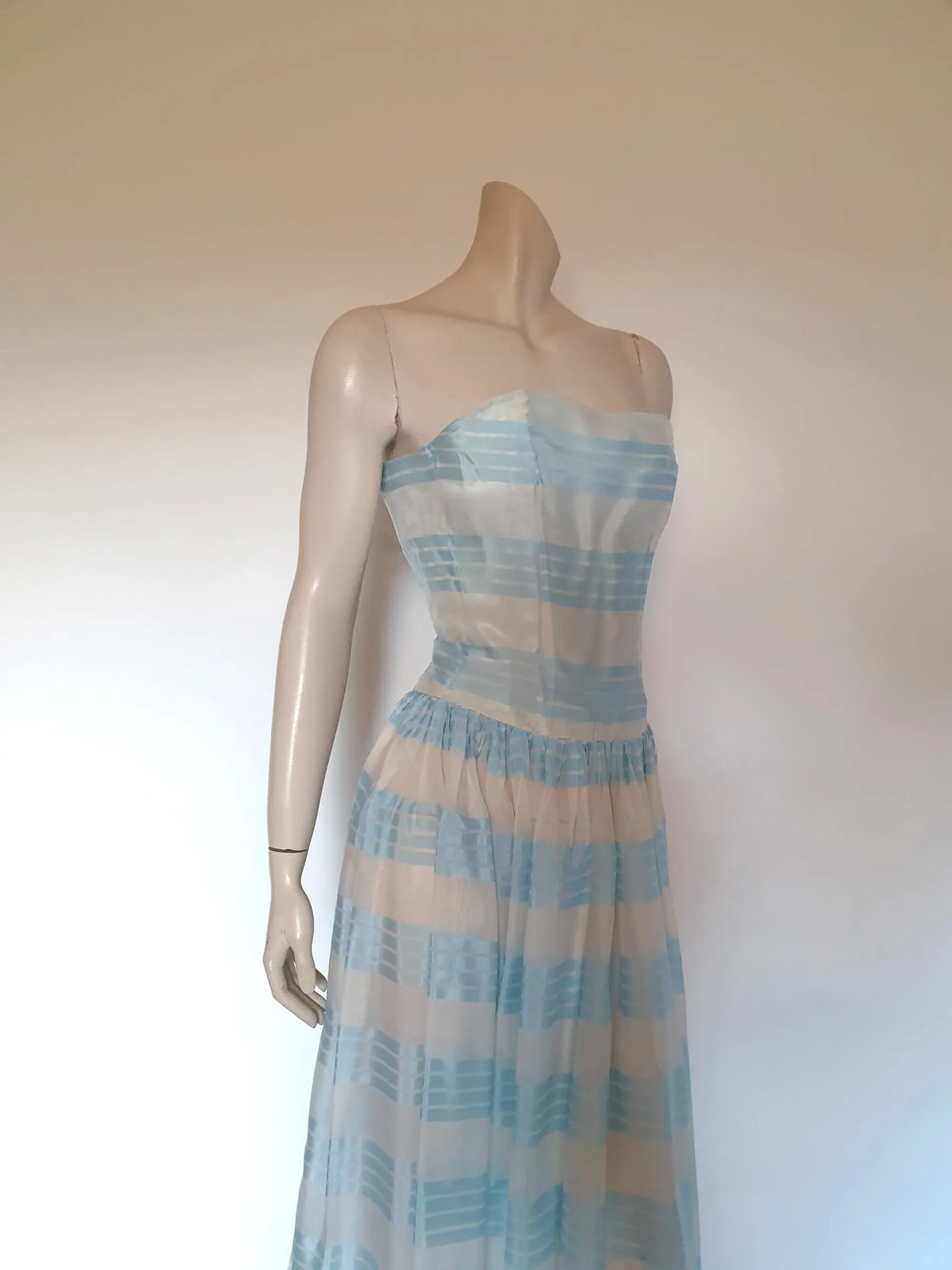 1950s Blue and White Strapless Dress - XS