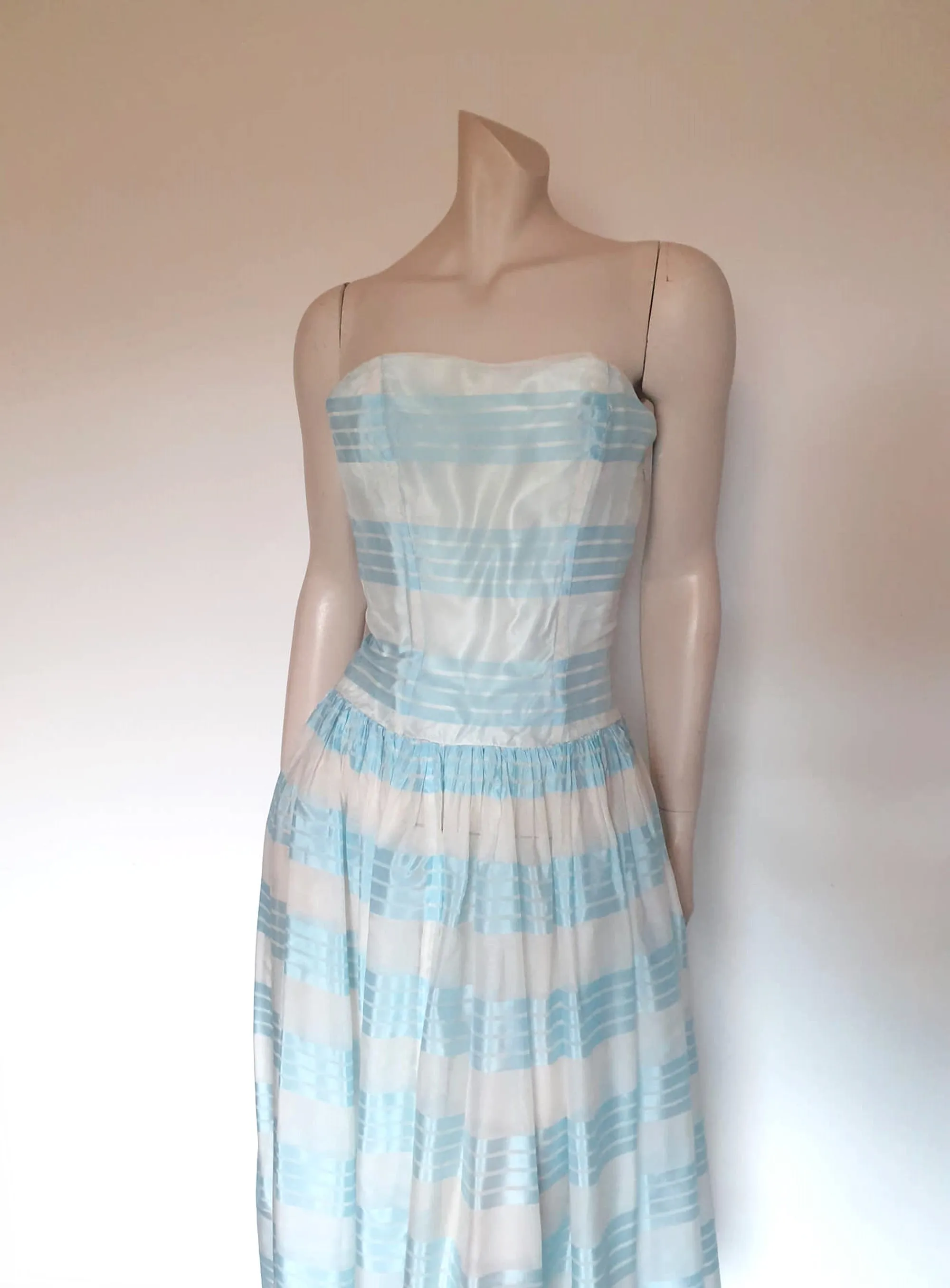 1950s Blue and White Strapless Dress - XS