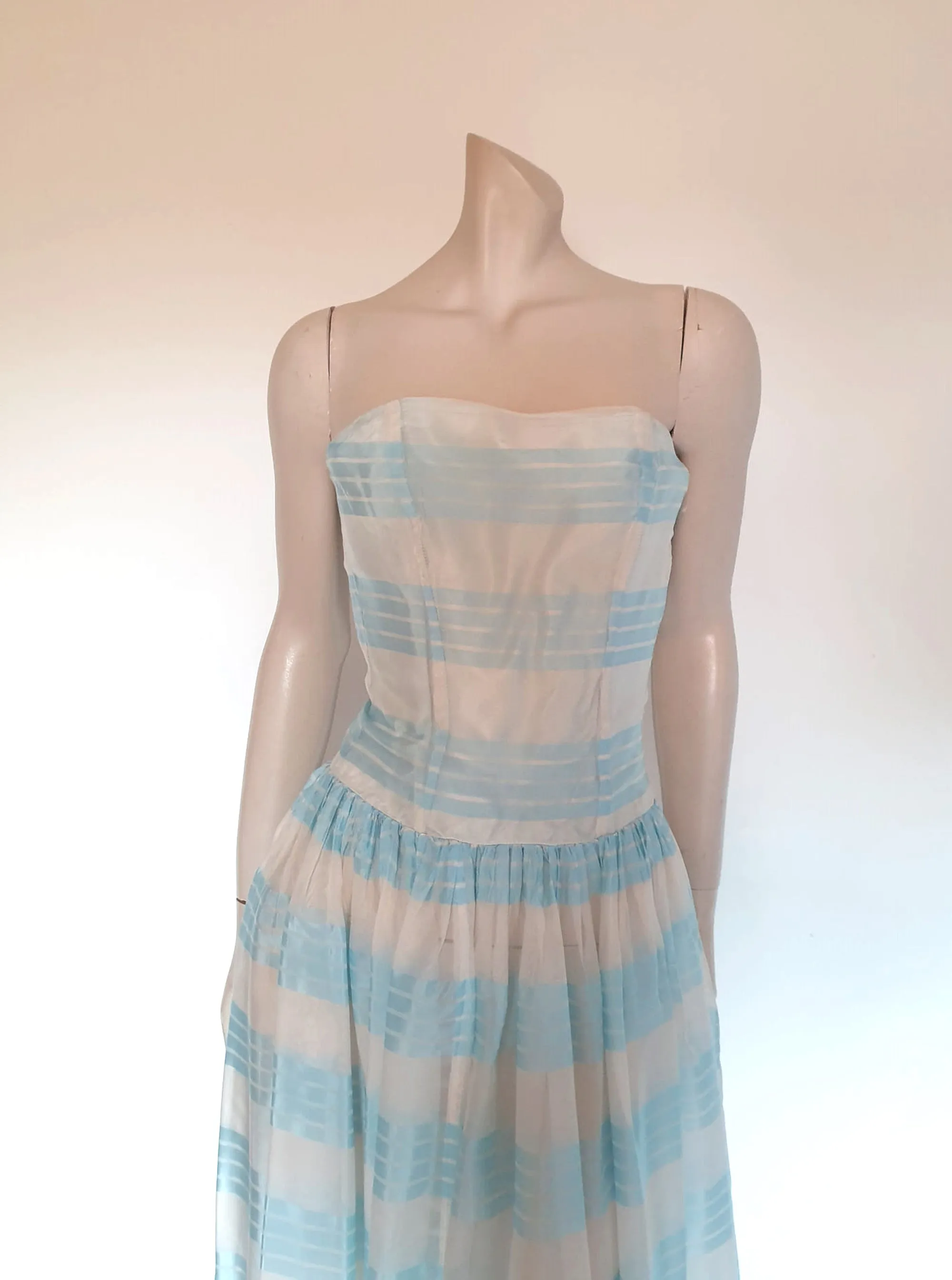 1950s Blue and White Strapless Dress - XS