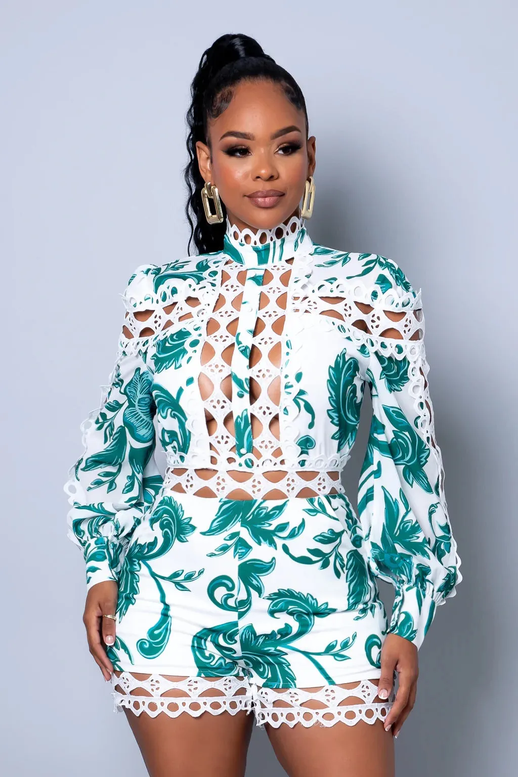 Alexandra Lace Romper || Green