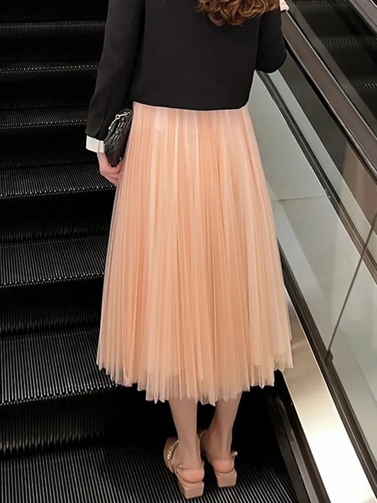 Black Fashion Mesh Skirt For Women High Waist A Line Solid Minimalist Midi Skirts Female Summer Clothing Style