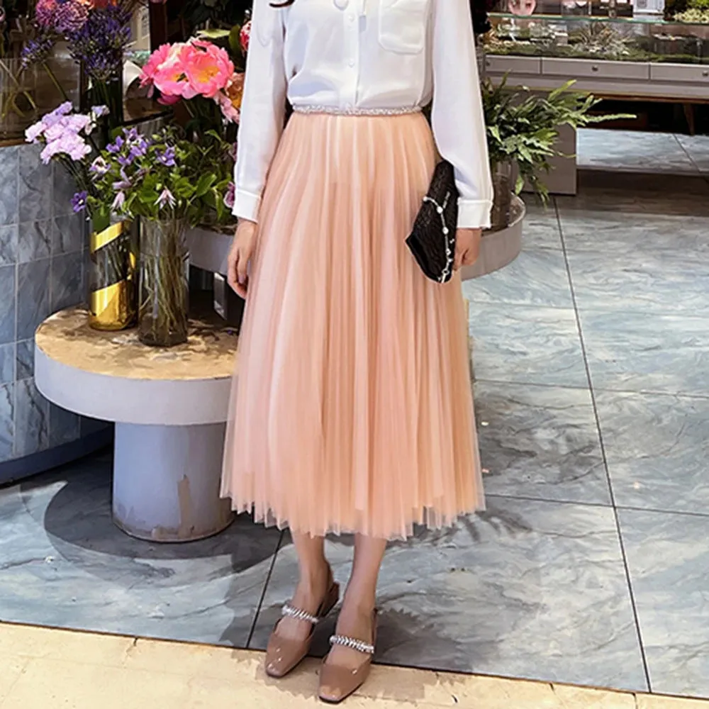 Black Fashion Mesh Skirt For Women High Waist A Line Solid Minimalist Midi Skirts Female Summer Clothing Style