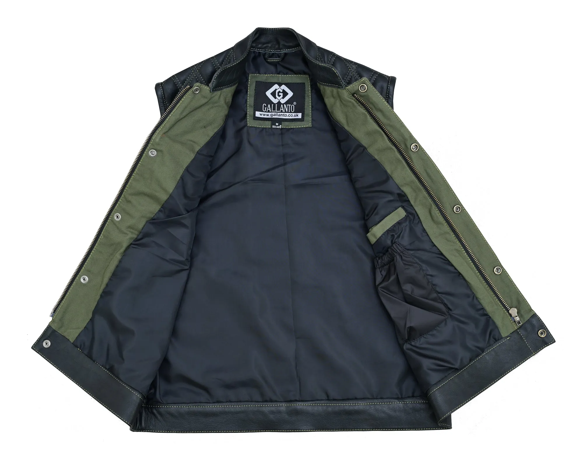 Black Leather & Olive Green Denim Combo Biker Diamond Gilet Vest
