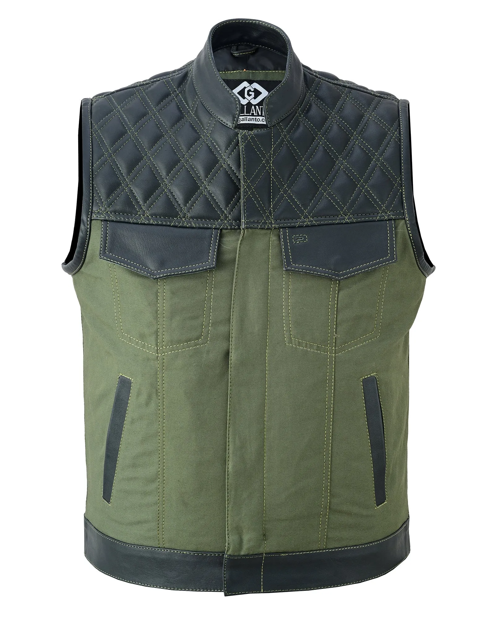 Black Leather & Olive Green Denim Combo Biker Diamond Gilet Vest