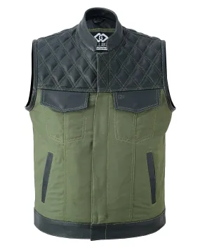Black Leather & Olive Green Denim Combo Biker Diamond Gilet Vest