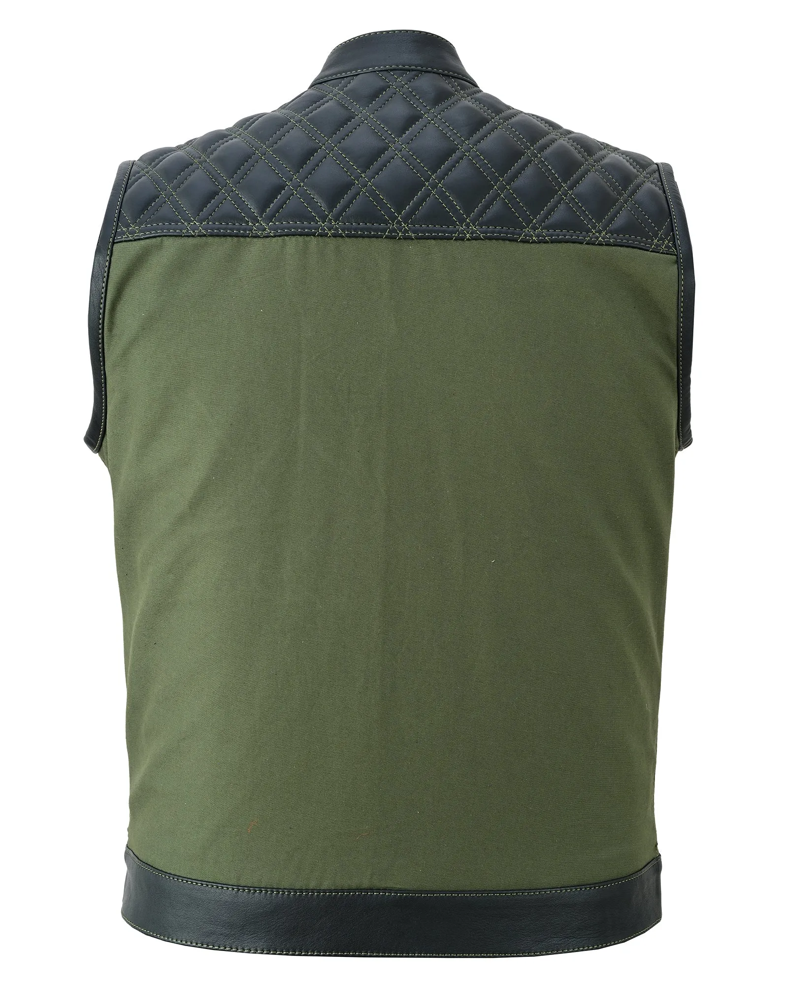 Black Leather & Olive Green Denim Combo Biker Diamond Gilet Vest