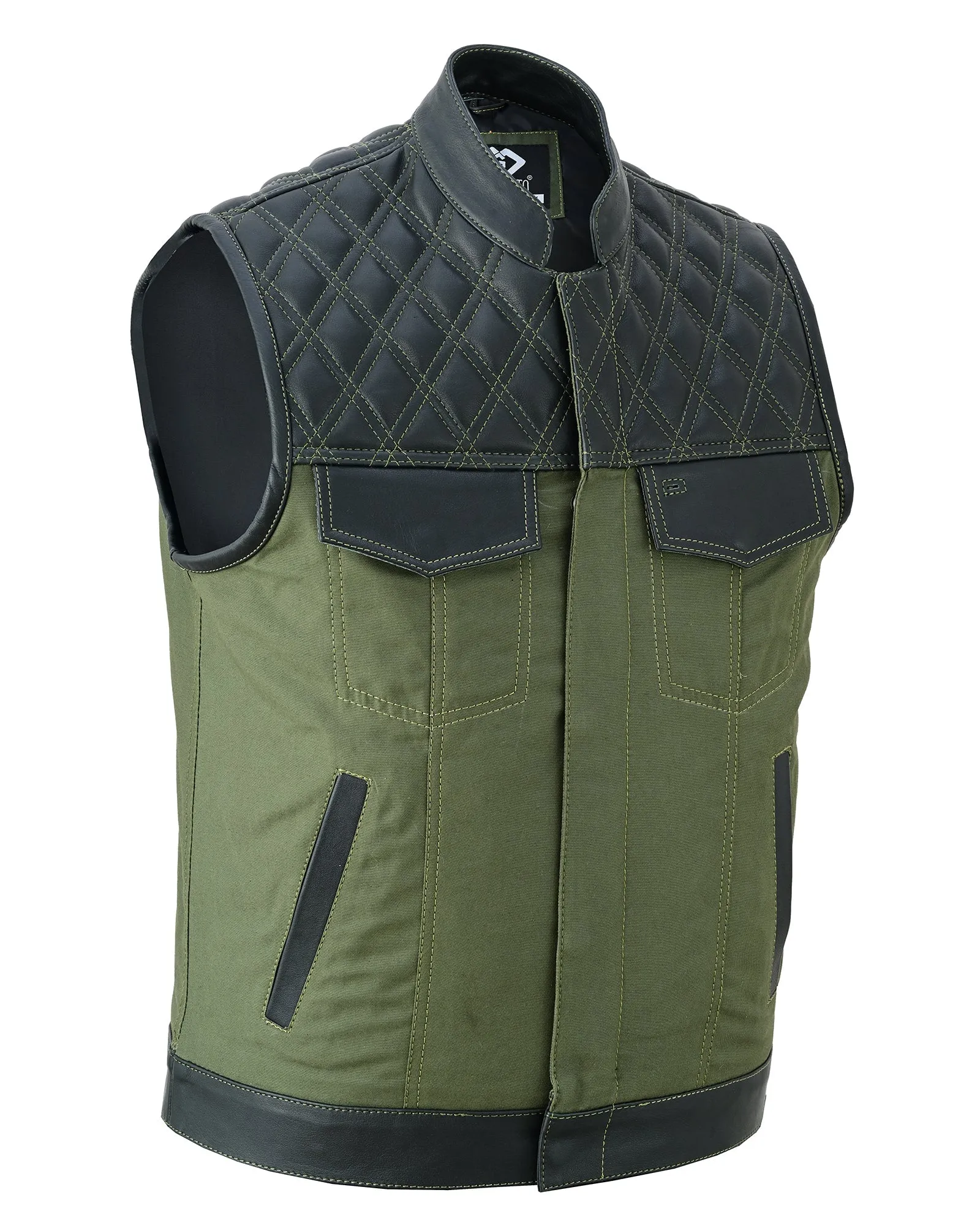 Black Leather & Olive Green Denim Combo Biker Diamond Gilet Vest