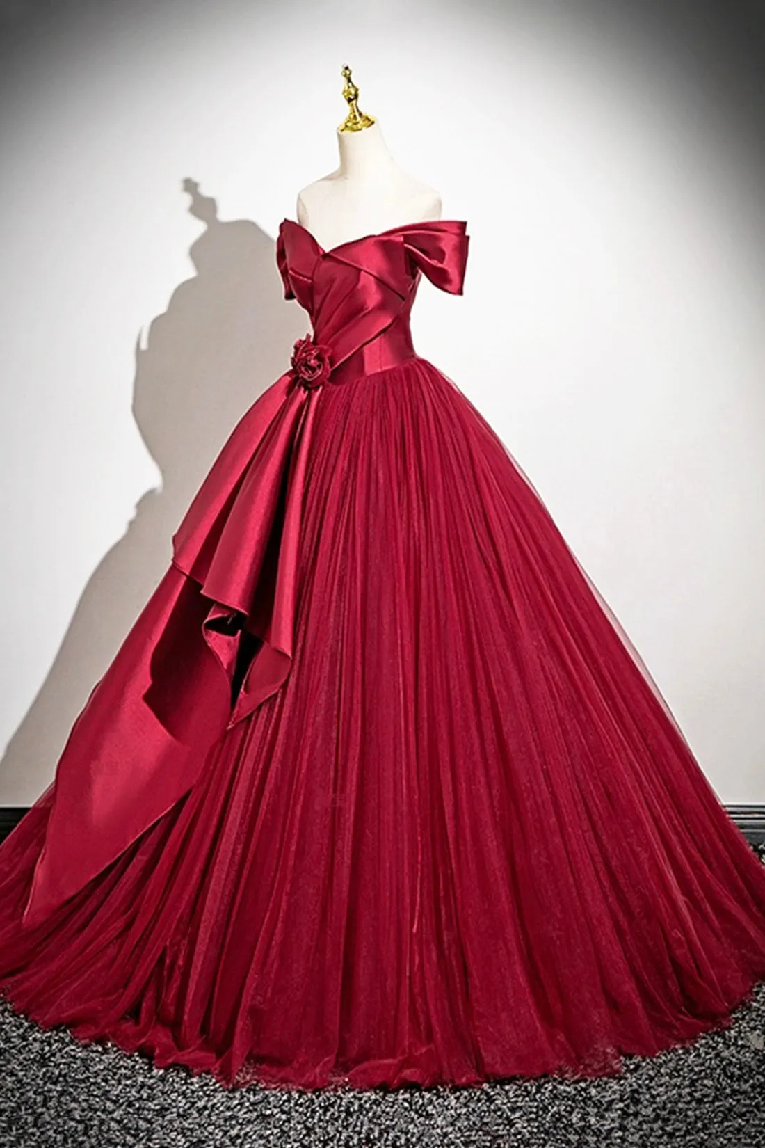 Burgundy Satin and Tulle Long Prom Dress, Off the Shoulder Party Dress