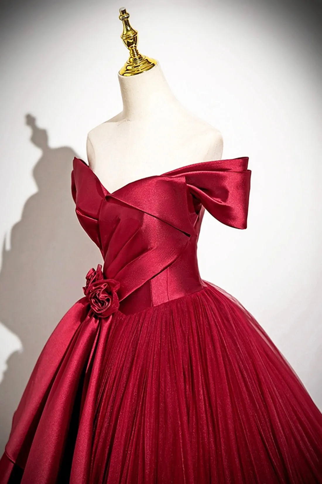 Burgundy Satin and Tulle Long Prom Dress, Off the Shoulder Party Dress