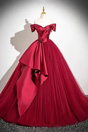 Burgundy Satin and Tulle Long Prom Dress, Off the Shoulder Party Dress