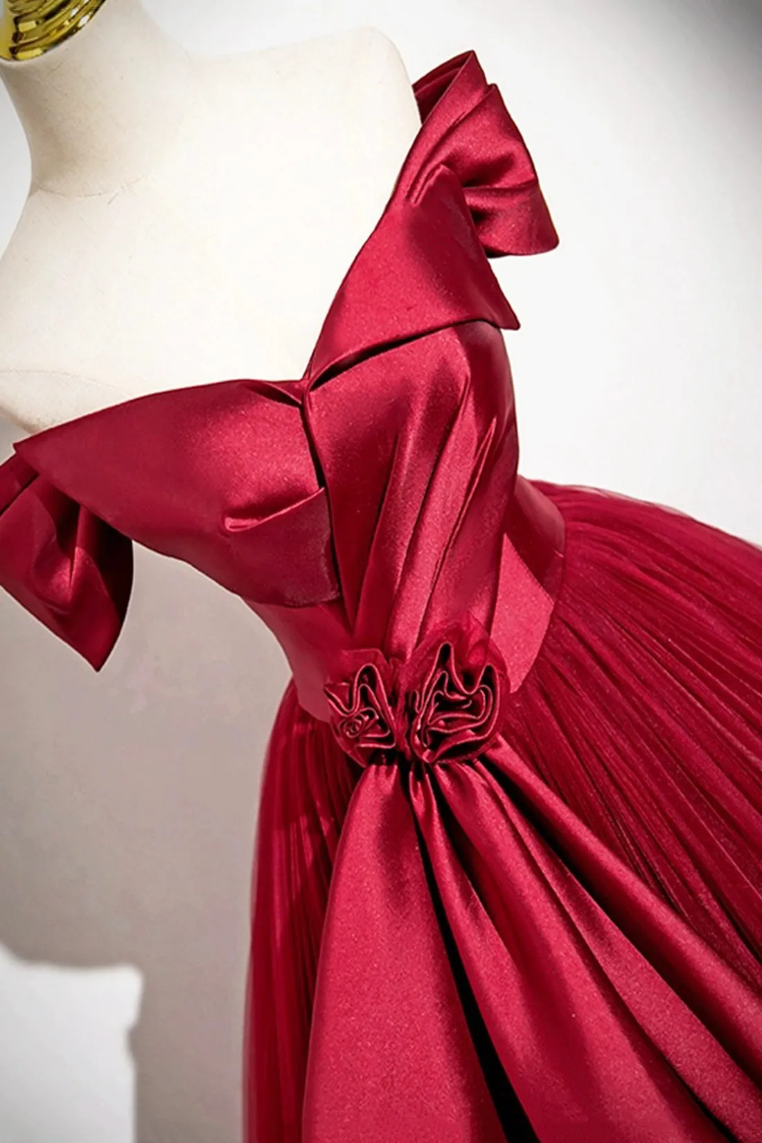 Burgundy Satin and Tulle Long Prom Dress, Off the Shoulder Party Dress