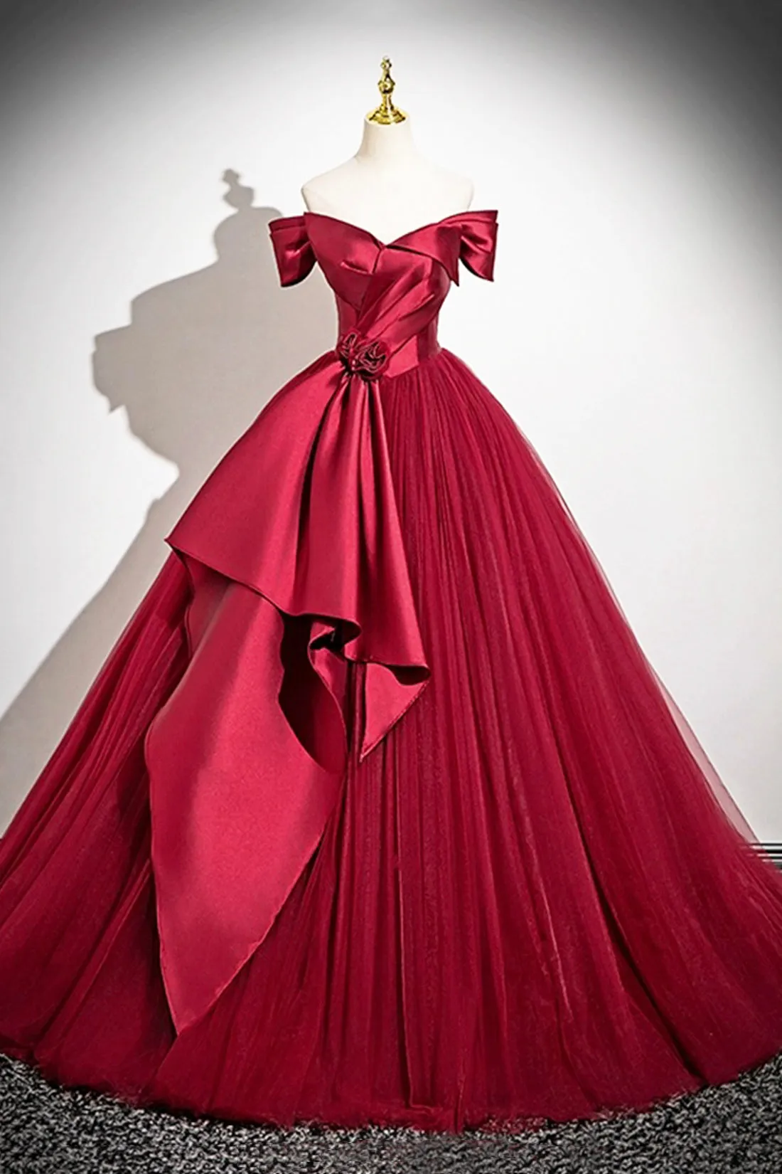 Burgundy Satin and Tulle Long Prom Dress, Off the Shoulder Party Dress