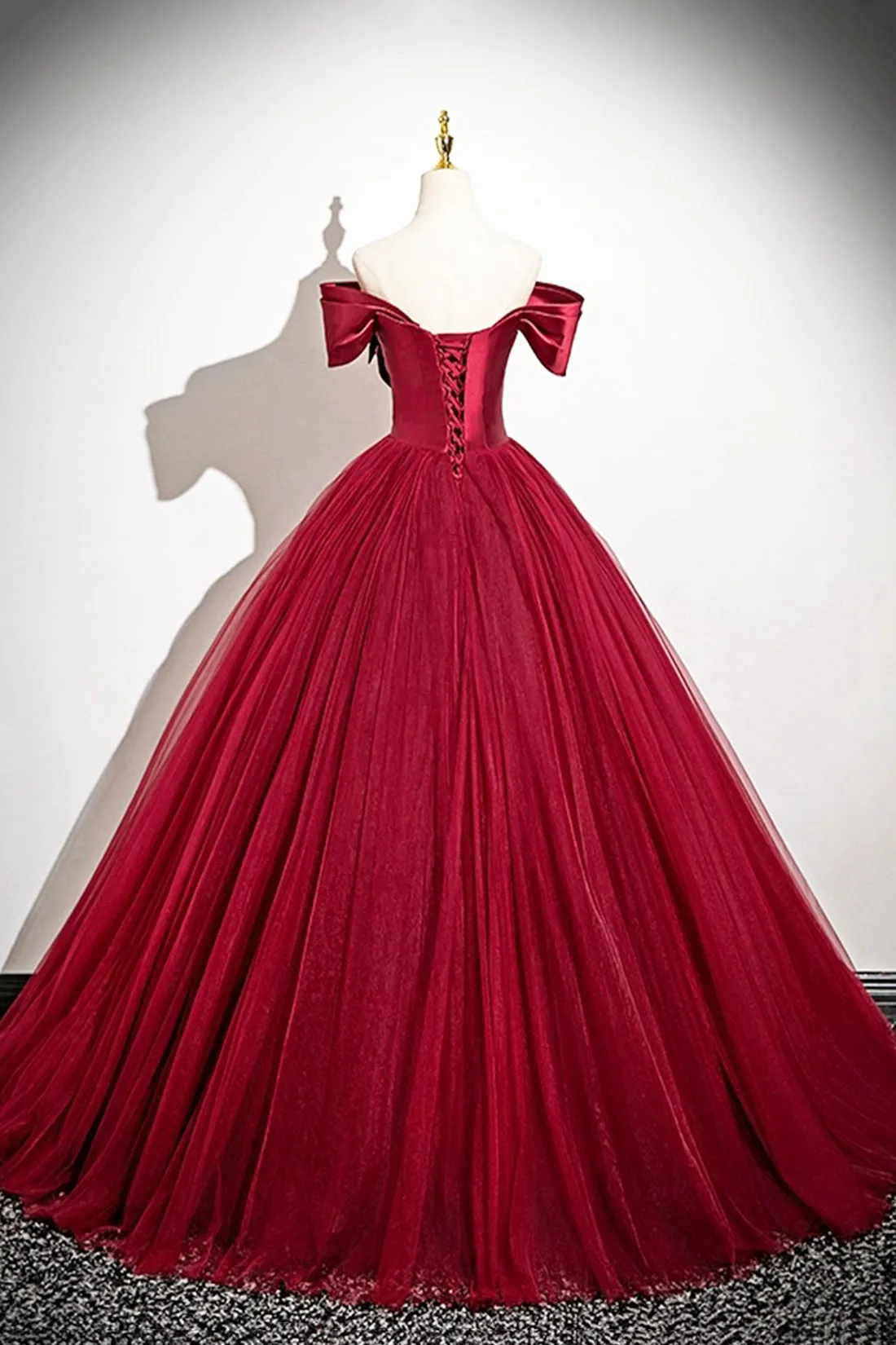 Burgundy Satin and Tulle Long Prom Dress, Off the Shoulder Party Dress