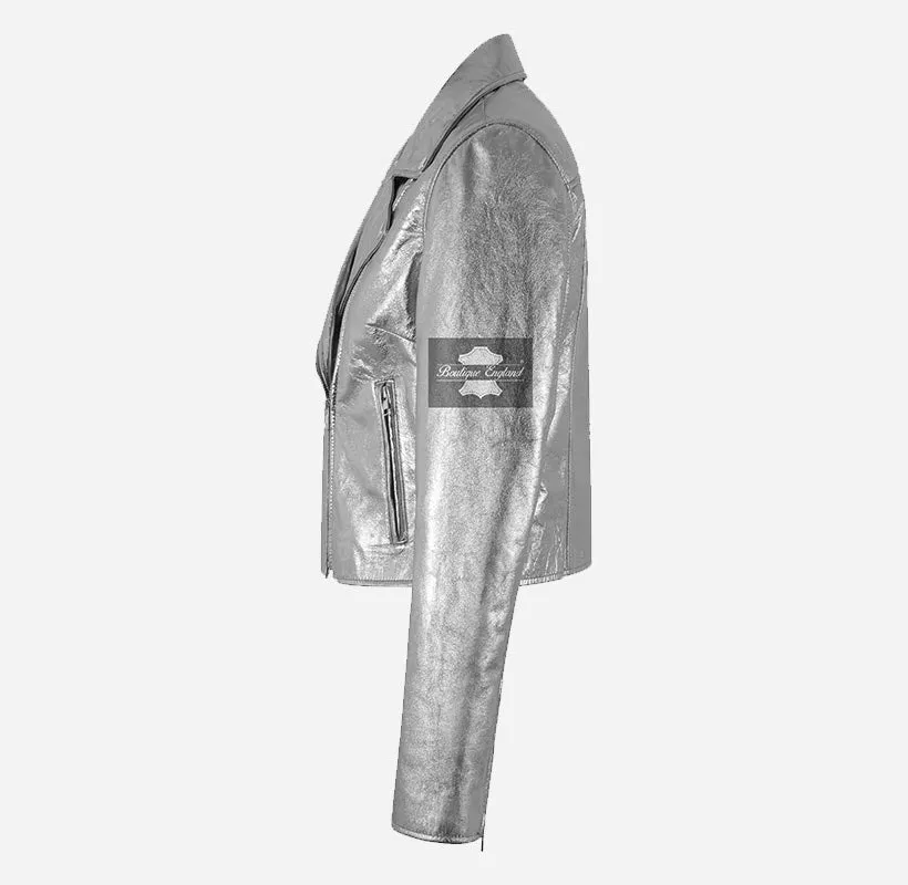 EMMA WATSON Style Jacket Fitted Ladies Silver Leather Jacket