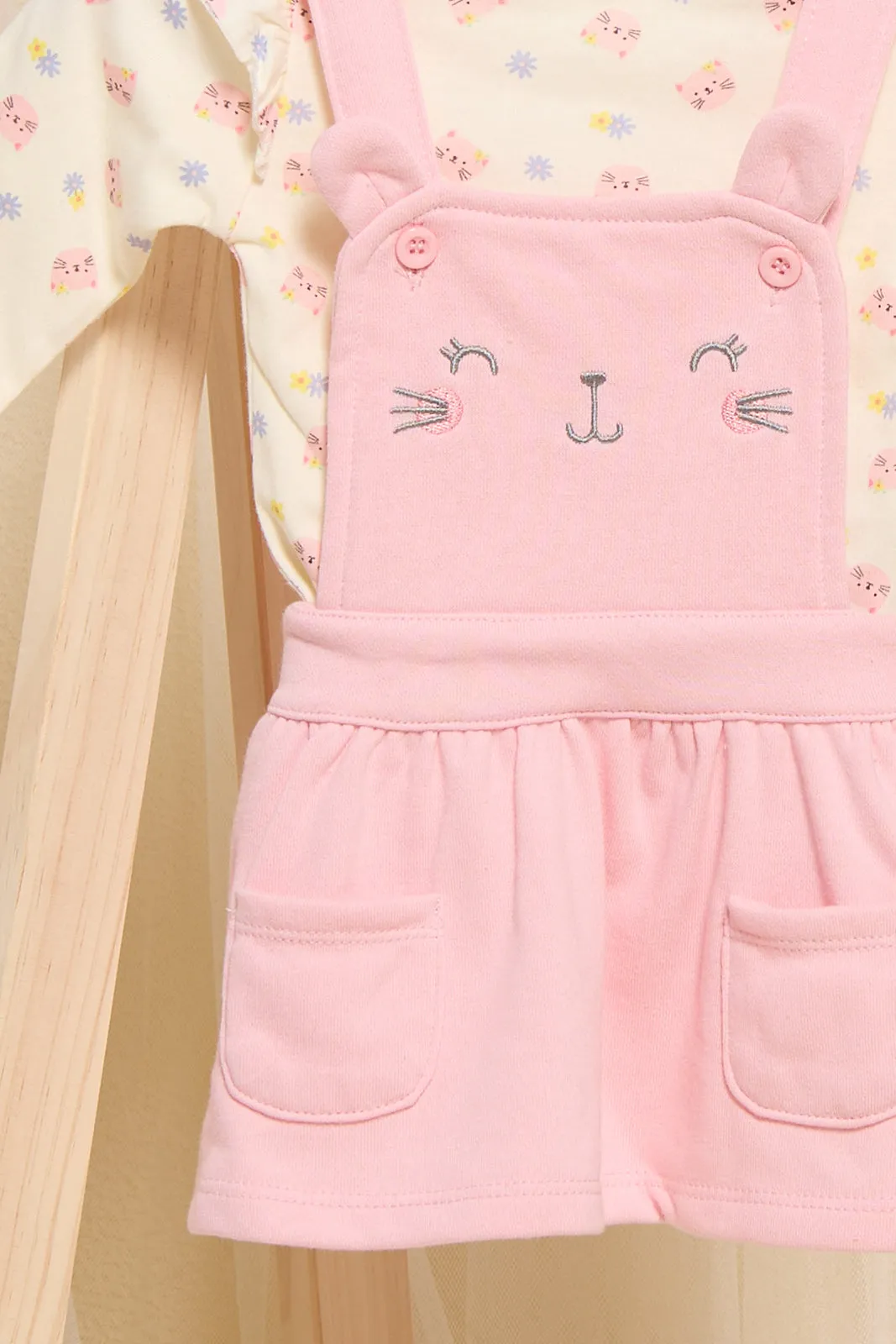 Infant Girls Pink Printed Dungaree With T-Shirt Set (2 Piece)