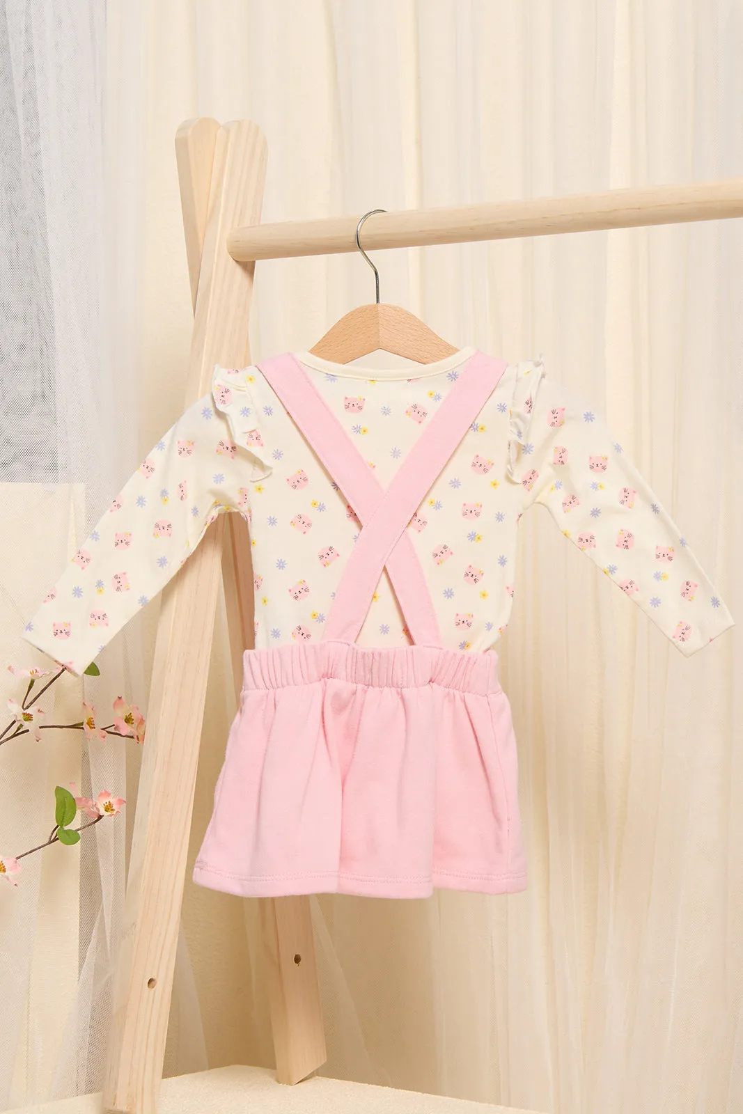Infant Girls Pink Printed Dungaree With T-Shirt Set (2 Piece)