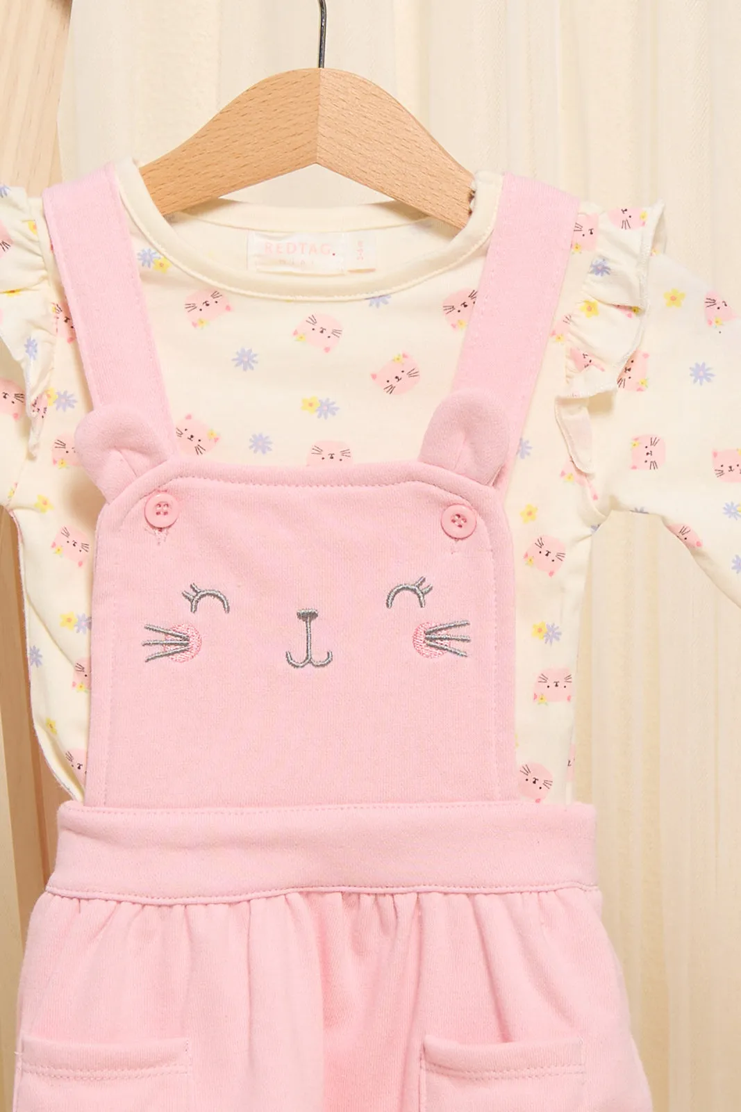 Infant Girls Pink Printed Dungaree With T-Shirt Set (2 Piece)
