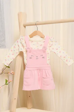 Infant Girls Pink Printed Dungaree With T-Shirt Set (2 Piece)