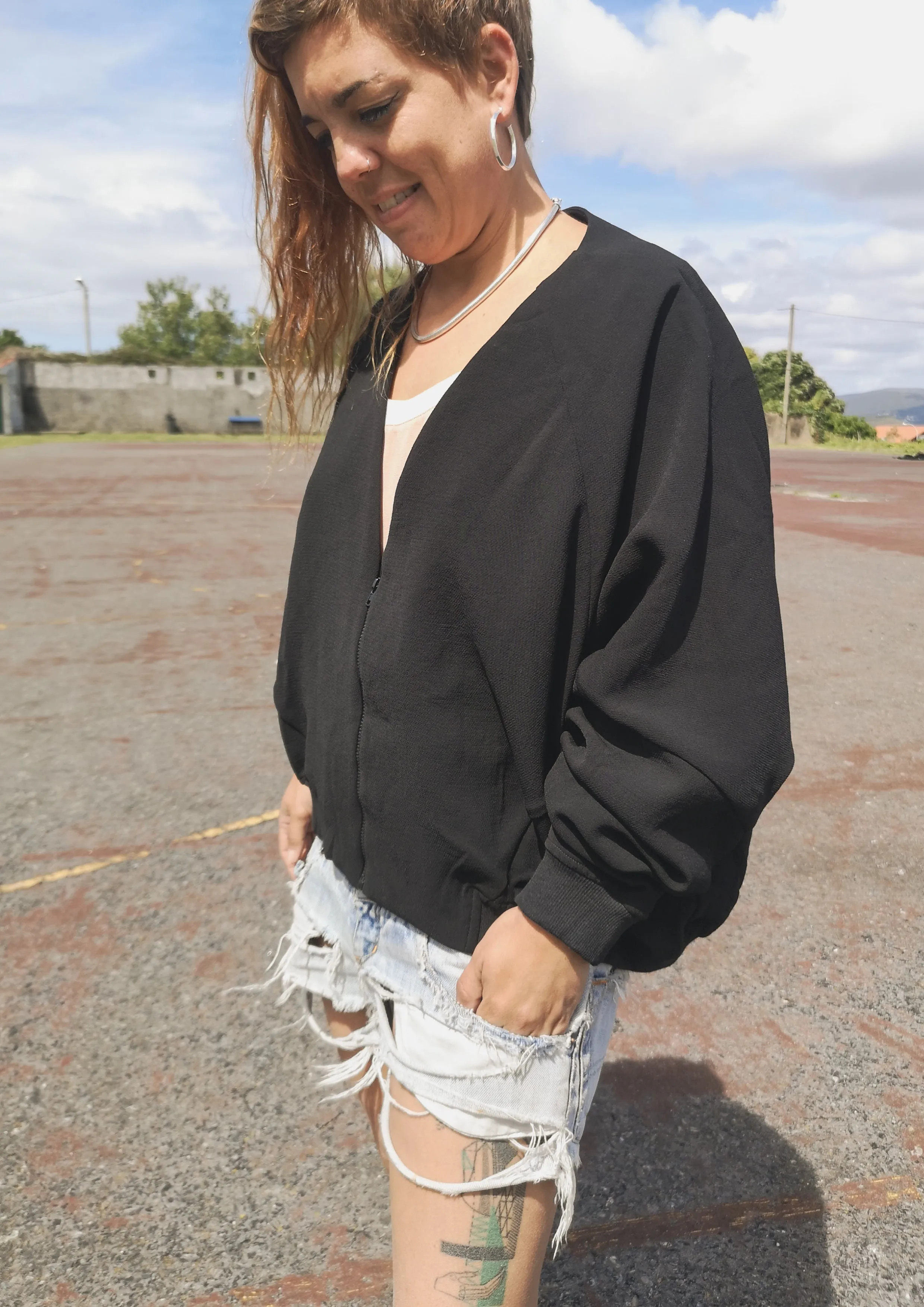 JACKET V-COLLAR - VINTAGE SAKURA CREPE black