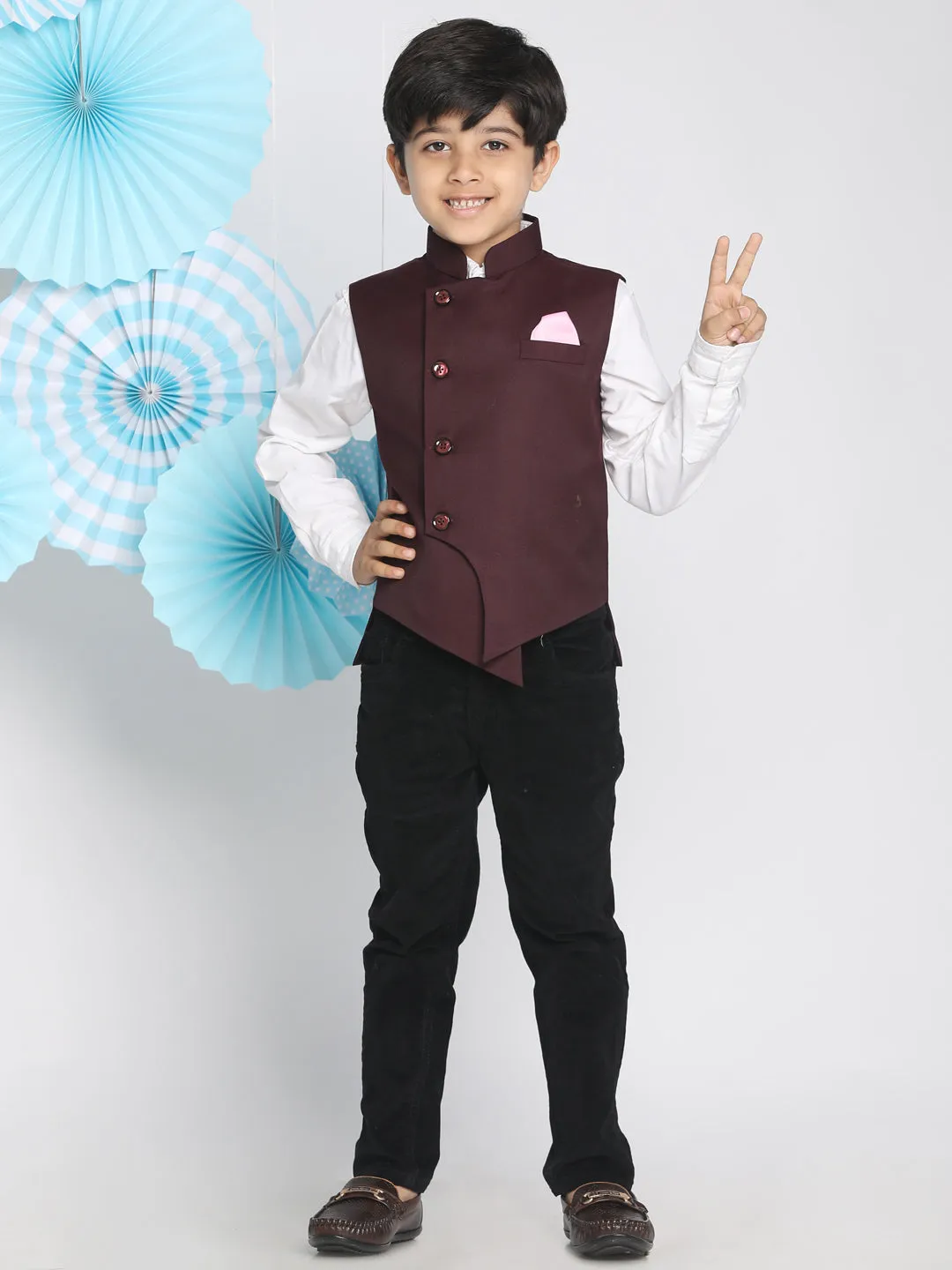 Jashvi Boys Maroon Solid Satin Nehru Jacket