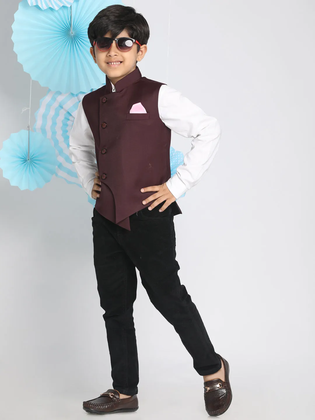 Jashvi Boys Maroon Solid Satin Nehru Jacket