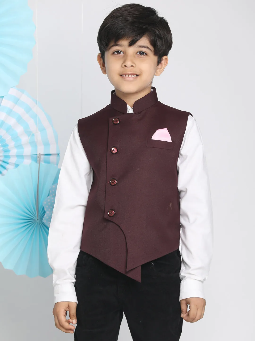 Jashvi Boys Maroon Solid Satin Nehru Jacket