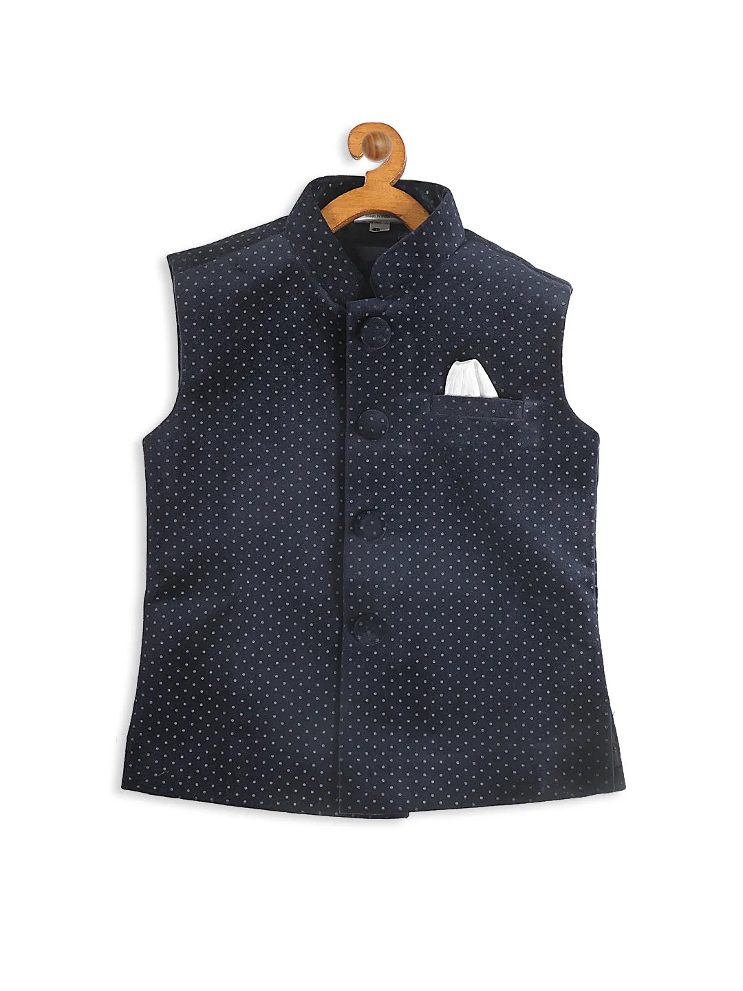 Jashvi Boys Navy Blue & White Printed Velvet Nehru Jacket