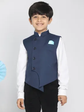 Jashvi Boys Navy Blue Solid Slim-Fit Satin Nehru Jacket