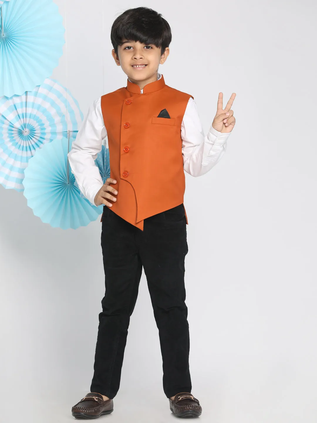 Jashvi Boys Orange Solid Satin Nehru Jacket