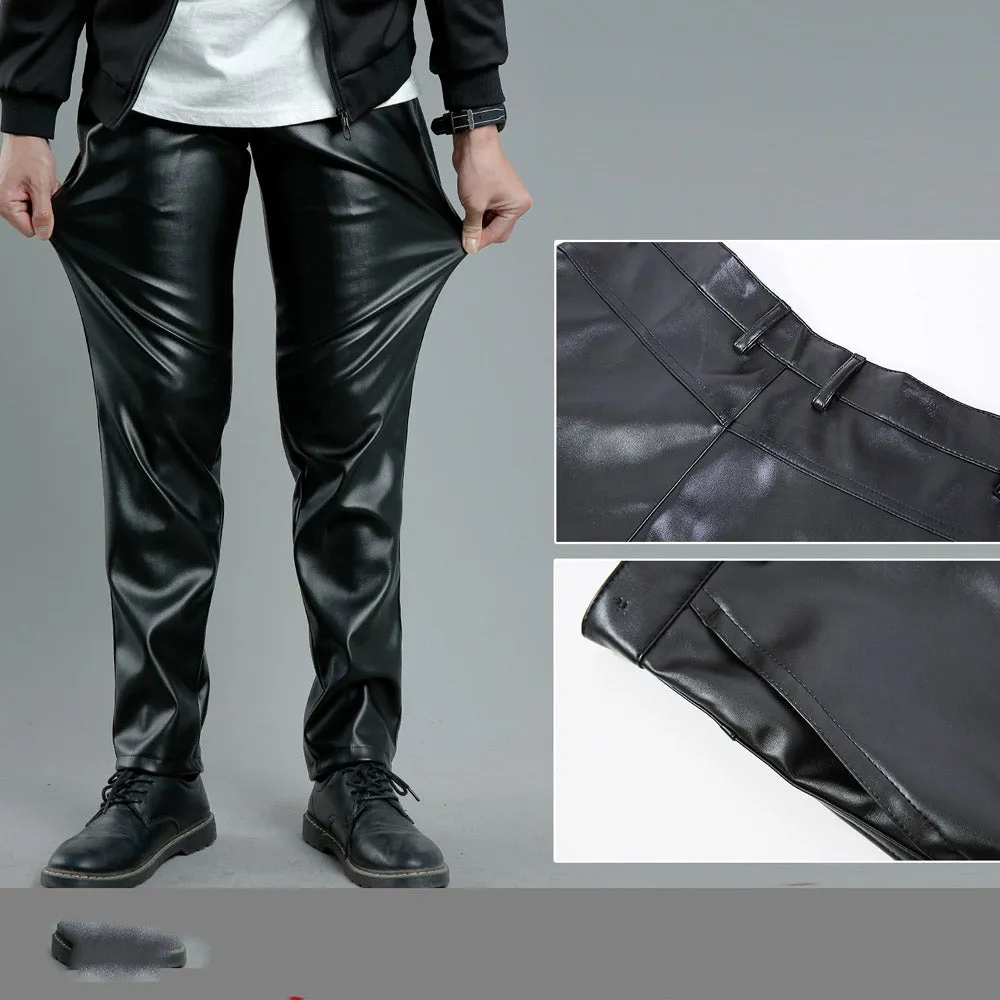 Men Leather Pants Autumn and Winter Men's Fleece-Lined Cotton Pants