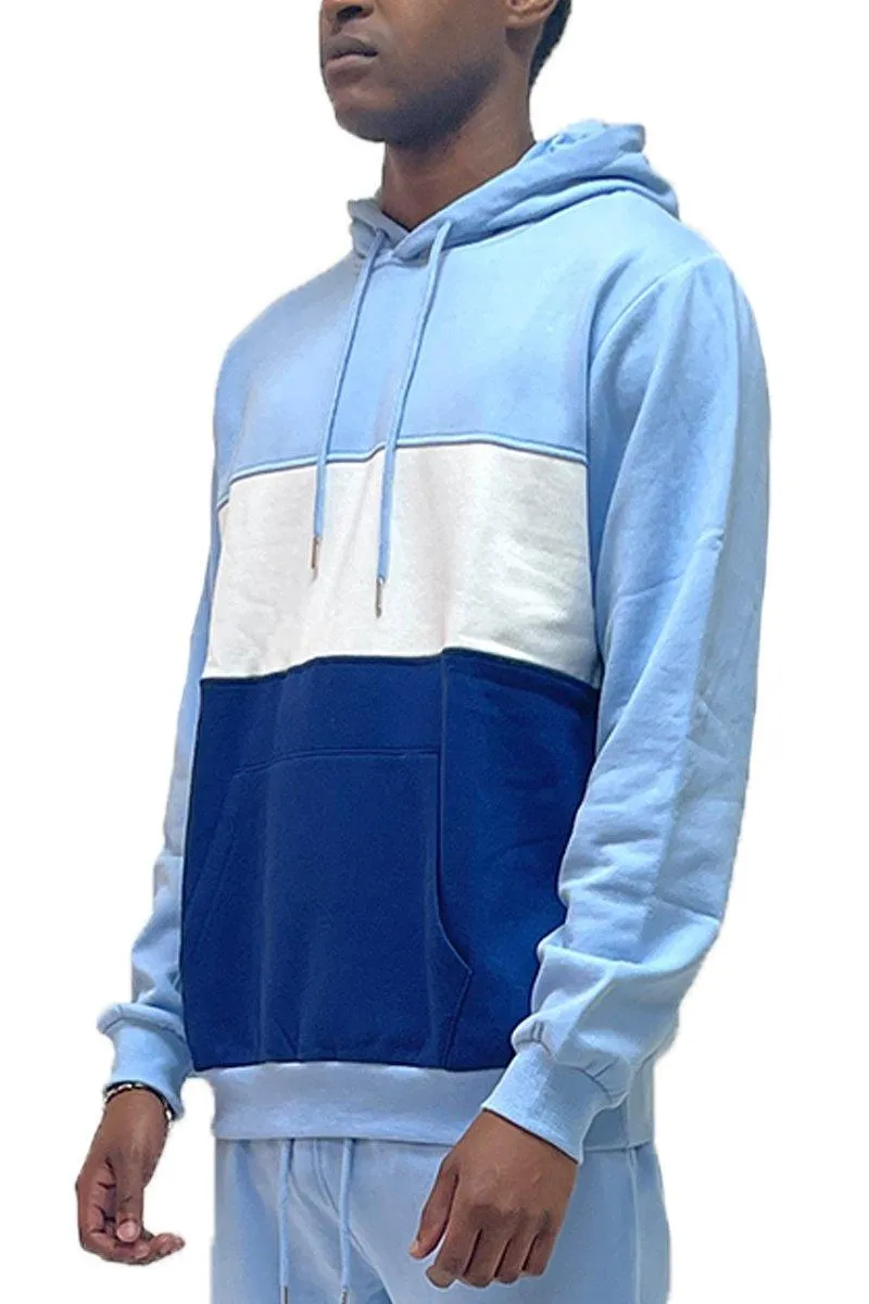 Mens Blue Color Block Pullover Hoodie