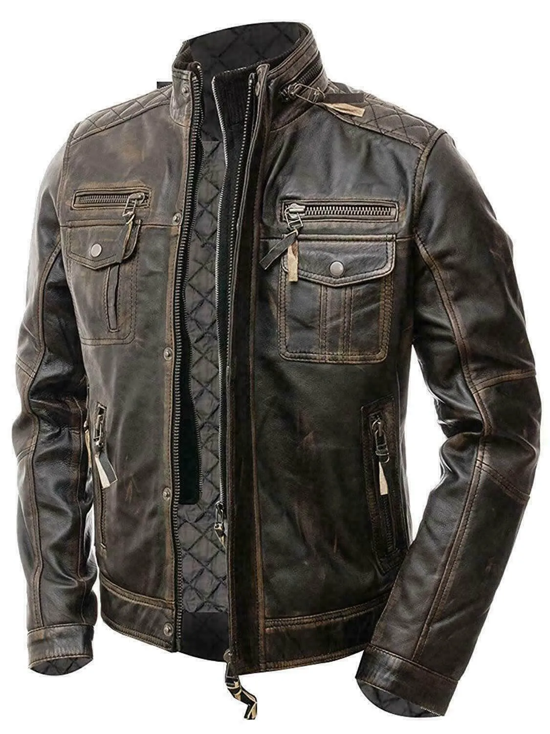 New Men's Vintage Cafe Racer Distressed Retro Biker Genuine Leather Jacket
