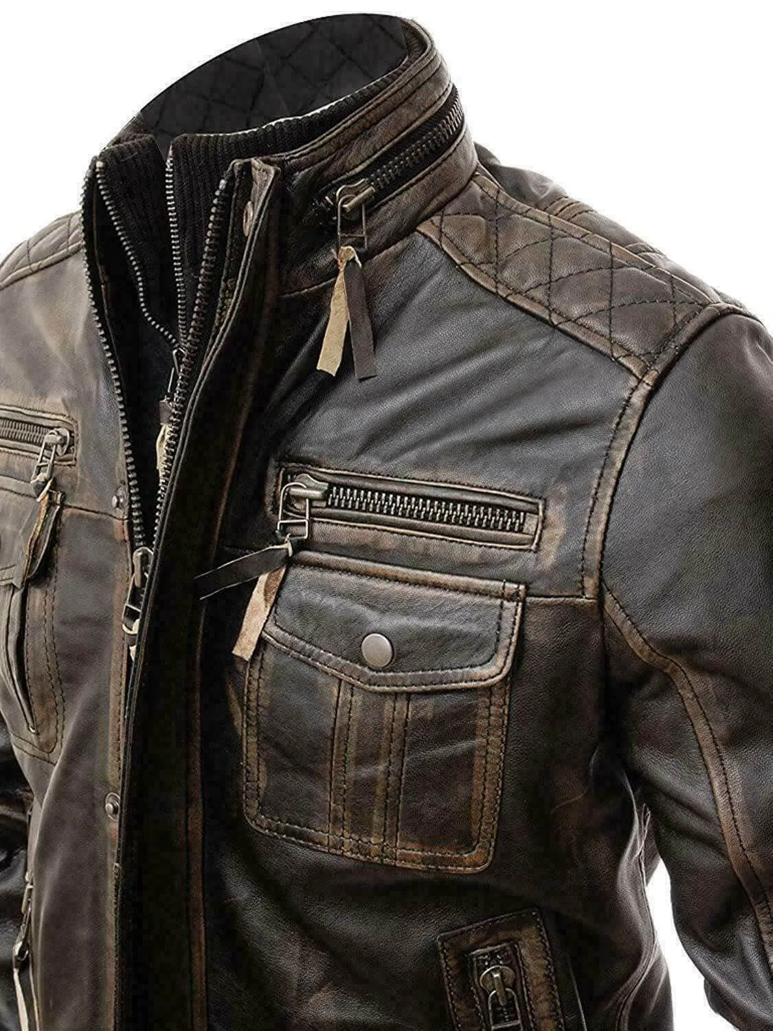 New Men's Vintage Cafe Racer Distressed Retro Biker Genuine Leather Jacket