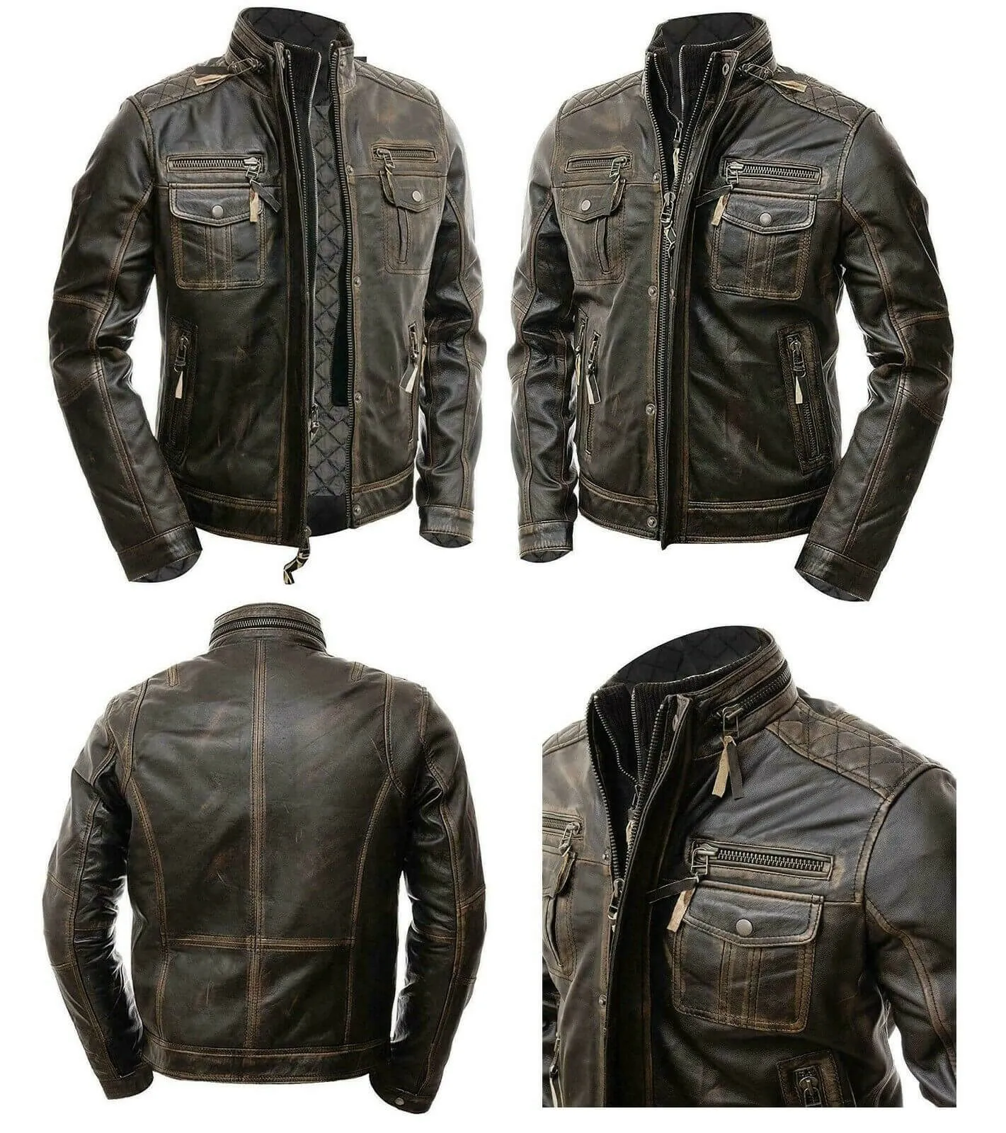 New Men's Vintage Cafe Racer Distressed Retro Biker Genuine Leather Jacket