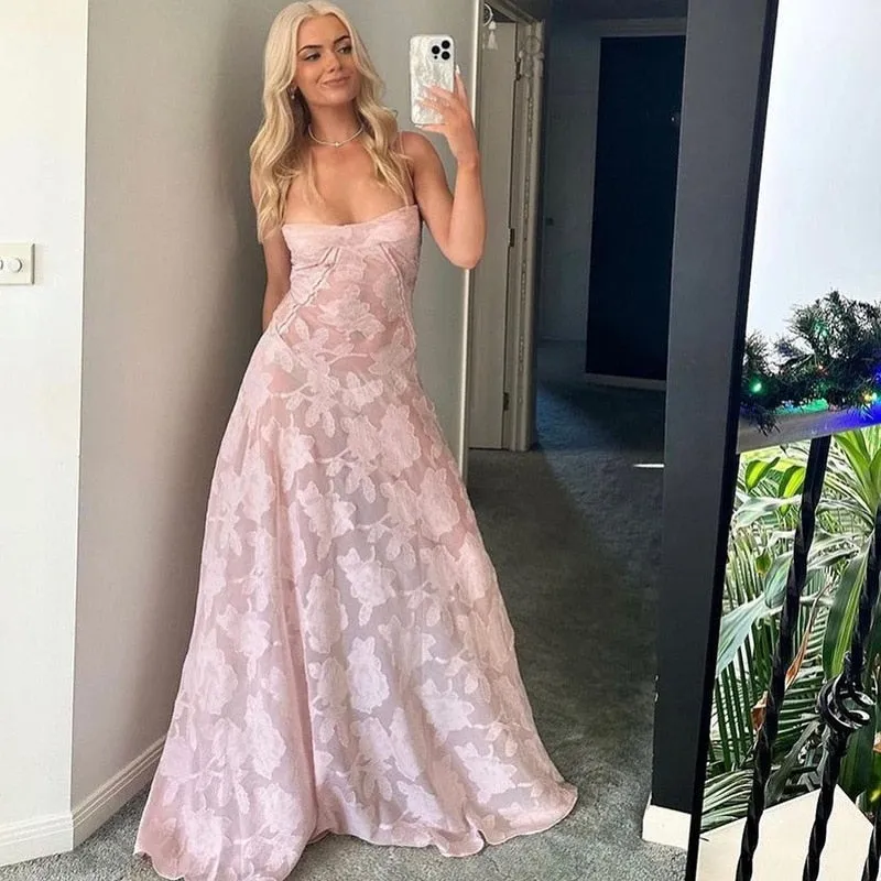 Pink Floral Stylish Lace Maxi Dress