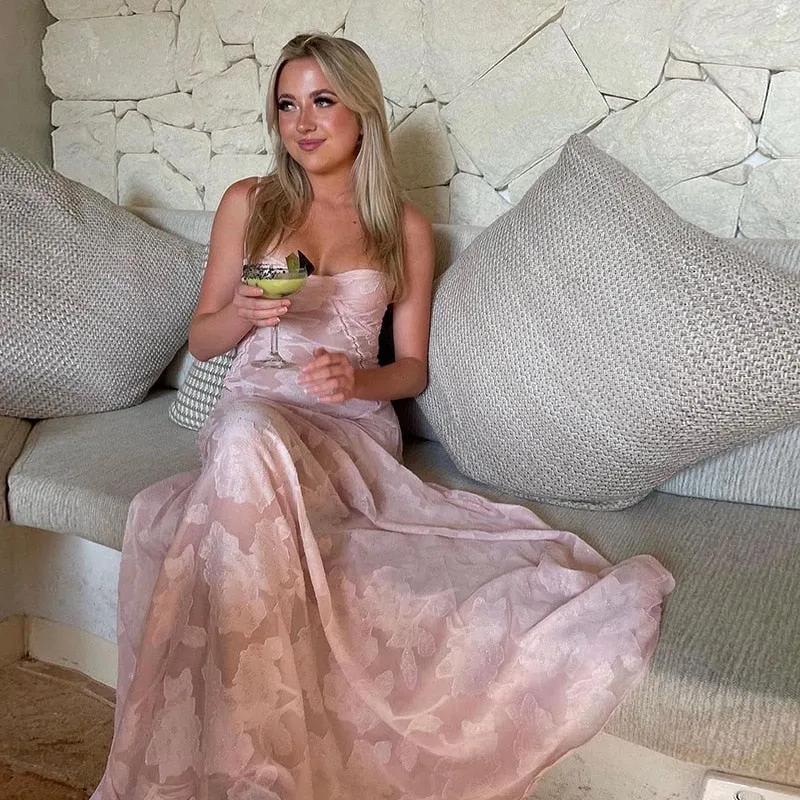 Pink Floral Stylish Lace Maxi Dress
