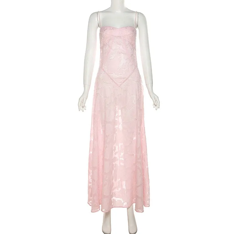 Pink Floral Stylish Lace Maxi Dress