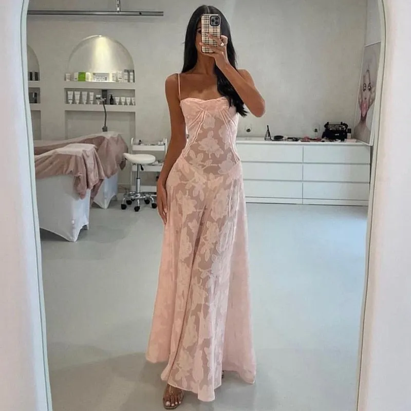 Pink Floral Stylish Lace Maxi Dress