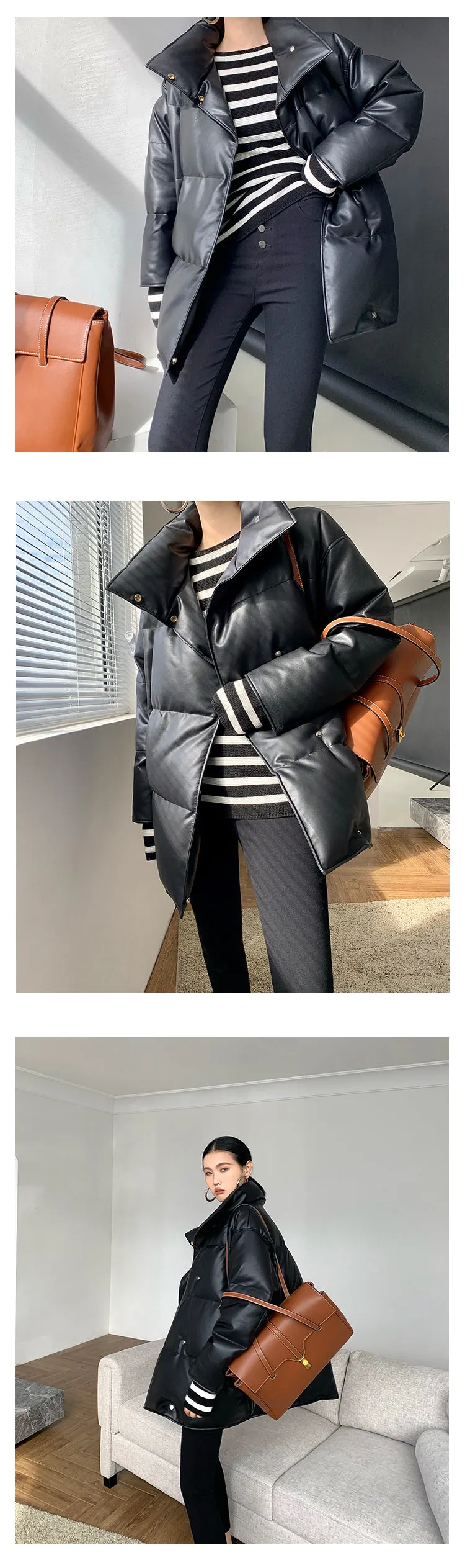 PU Leather down jacket winter 90 white duck down loose jacket - Duvi black
