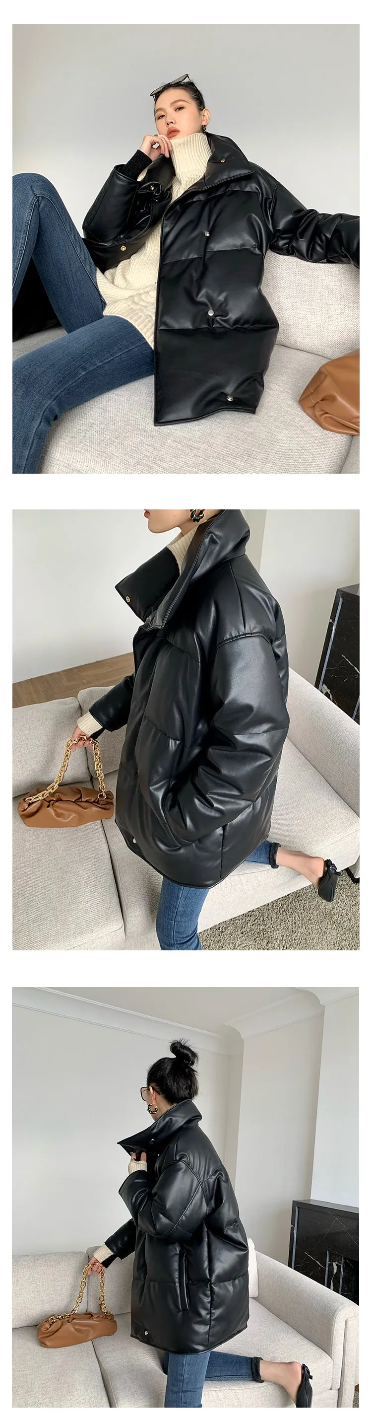 PU Leather down jacket winter 90 white duck down loose jacket - Duvi black