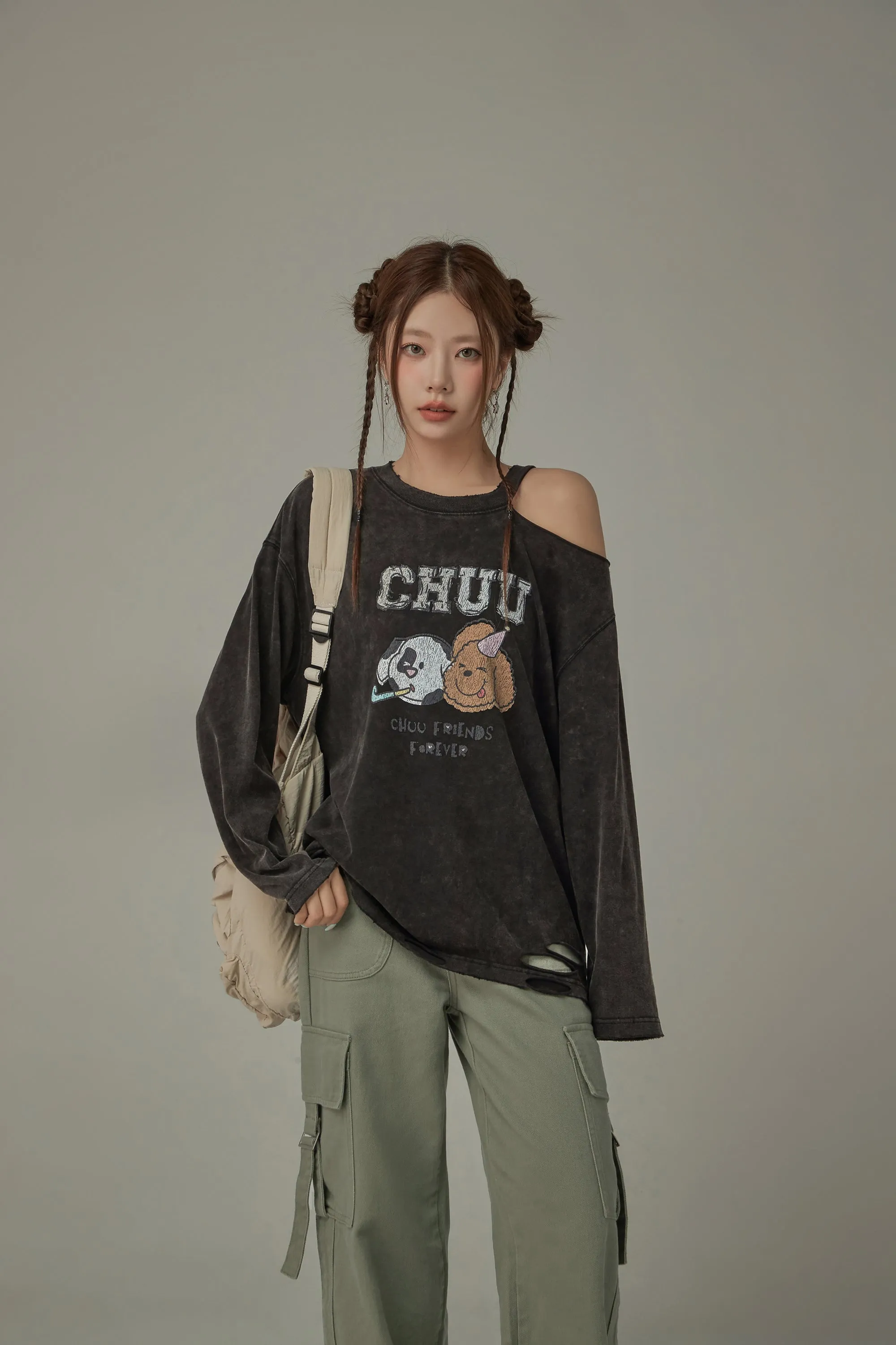 Puppy Face Logo One Shoulder Long Sleeve T-Shirt