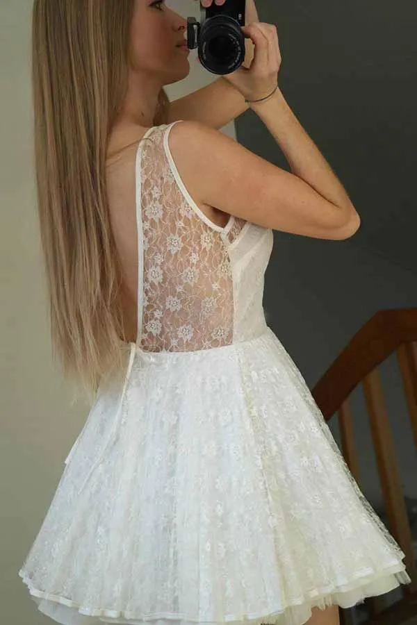 Short White French Lace Homecoming Dress