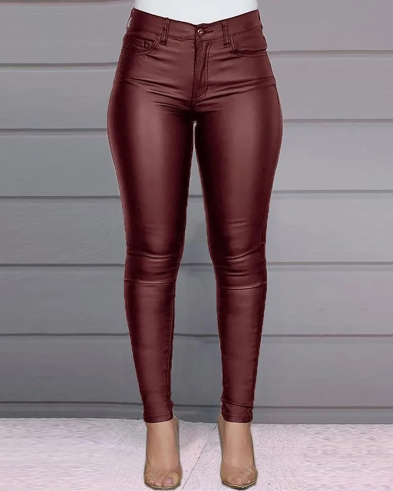 Solid Buttoned PU Coated Skinny Pants