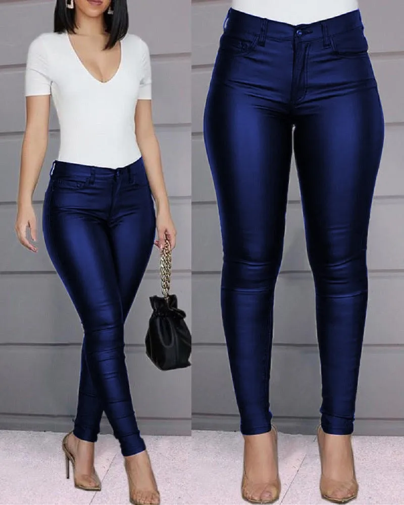 Solid Buttoned PU Coated Skinny Pants