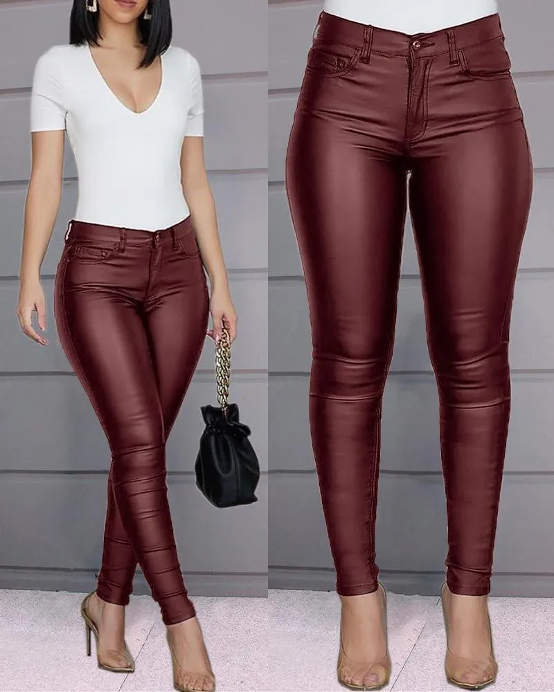 Solid Buttoned PU Coated Skinny Pants
