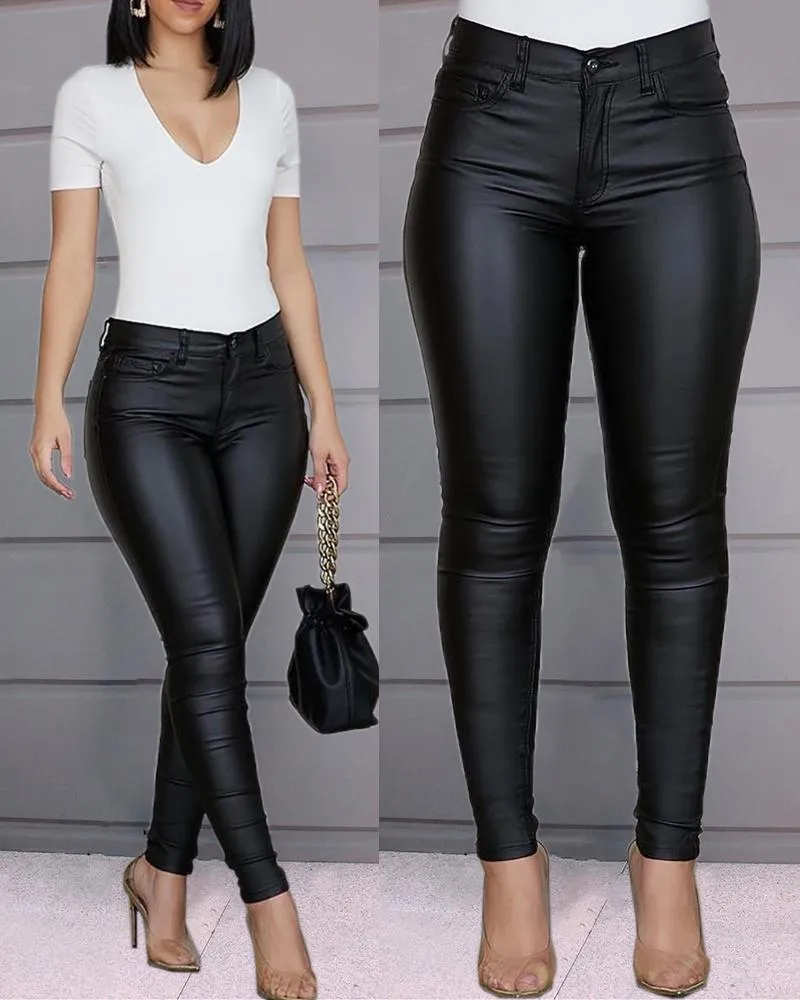 Solid Buttoned PU Coated Skinny Pants
