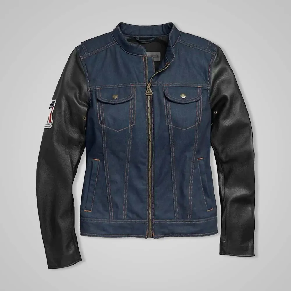 Women’s Navy Denim Jacket with Leather Sleeves & No. 1 Embroidery Patch